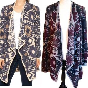 Lucky brand drape waterfall open front Aztec cardigan burgundy red black medium